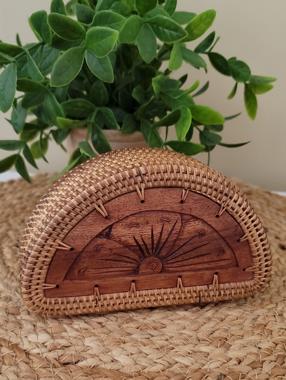 Vintage Balinese Handcrafted Woven Rattan & Carved Wood Half-Moon Box